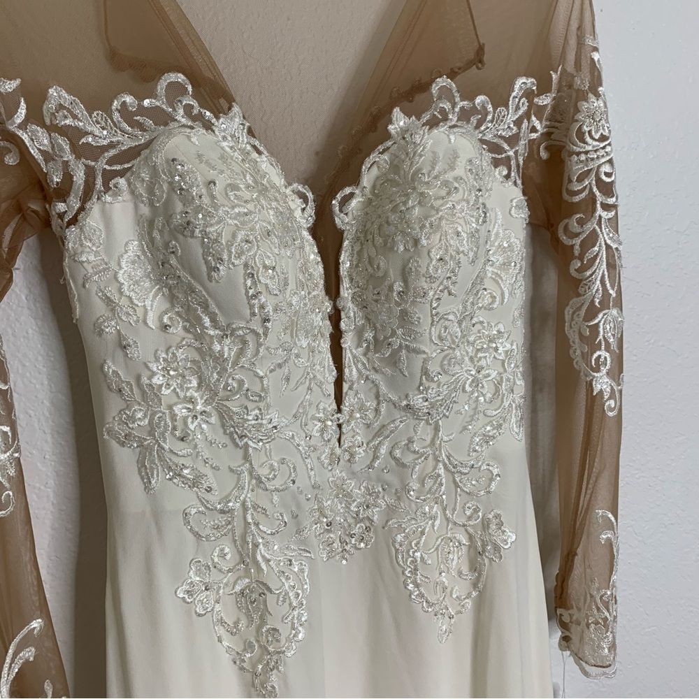 Galina Signature Long Sleeve Ivory Sheer Beaded Wedding Dress Davids‎ Bridal 4 - Picture 3 of 11